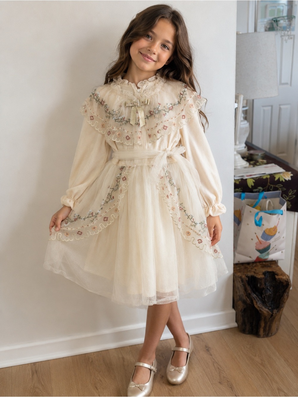 Ivory Tulle Floral Embroidered Girl's Dress